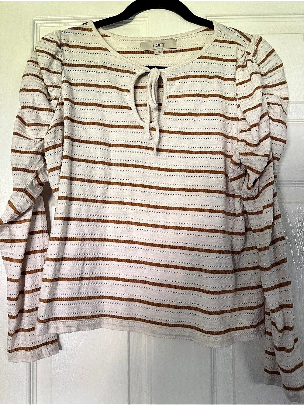 LOFT Striped Tie Neck Top in White & Brown Size Medium
